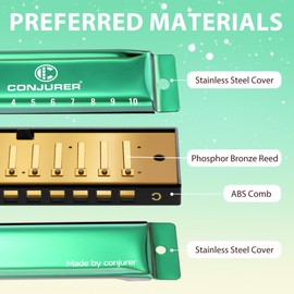 Conjurer Blues Harmonica in C Major Beginners & Children Blues Harp C 10-Hole Diatonic Harmonica Instrument Muntamonica with High-Quality Brass Reeds and Excellent Sound, Green