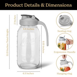 SMIRLY 64 oz Mason Jar Pitcher with Wide Mouth and Pour Spout Lid Handle - Glass Pitcher with Lid, Double Leak Proof 2 Quart Pitcher with Lid, Breast Milk Pitcher, Coffee, Water, Iced Tea for Fridge