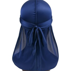 Smooth Silk Durag for Men Women Waves Long Double Wide Straps (Navy Blue)