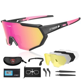 X-TIGER Cycling Glasses, Men's Women's Sports Glasses, UV400 with 5 Interchangeable Lenses, Strong TR90 Frame, with Mountable Glasses Strap & Ear Hooks, Outdoor Sports, Cycling, Running, Driving,