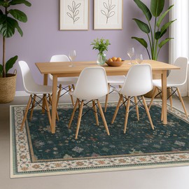 Hazo Haus Vintage Dark Green 6x9 Dining Room Rugs for Under Kitchen Table - Washable Livinig Room Rug - Unique Floral Pastel Low Pile Non-Slip Large Area Rugs for Bedroom
