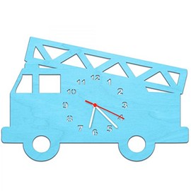 GRAVURZEILE Children's Wooden Wall Clock in Fire Engine Design for Girls and Boys No Ticking Silent Movement 30 cm Large Available in 5 Colours Made in Germany Colour Baby Blue