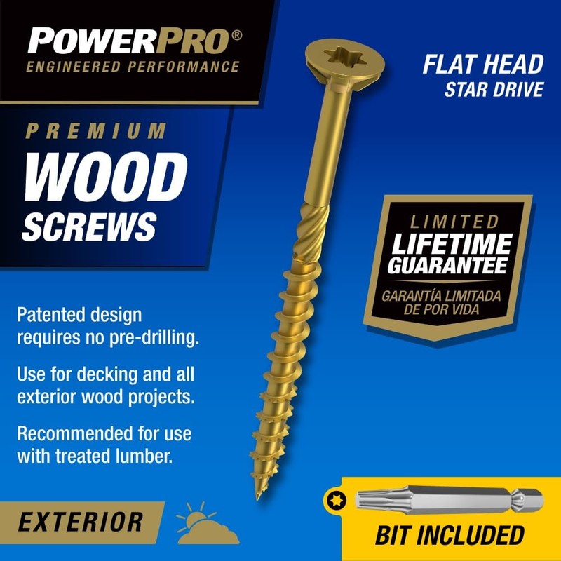 Power Pro Premium Exterior Wood Screws, #8 x 1-1/4"Inch All-Purpose
