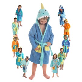 LEBENGOOD, Bathrobe for Teenage Children Cotton: Girls, Boys, 100% Cotton Oeko-Tex, 2 Pockets, Belt, Hood, Sharky