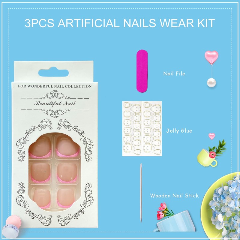 Tyuimhx Pink Glitter French Tip Press on Toenails Square Fake