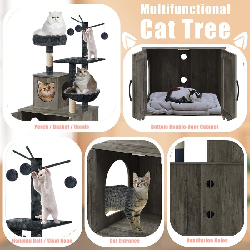 Cat Tree with Litter Box, Wood Litter Box Enclosure with