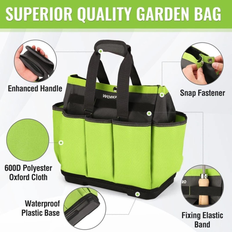 WORKPRO 8 Pockets Garden Tool Bag Waterproof Plastic Base for