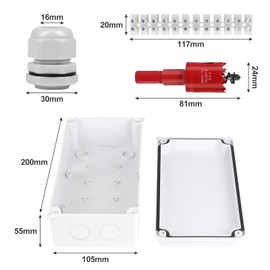 CPROSP Junction Box Waterproof IP65 Wet Room Boxes Surface-Mounted Junction Box 200 x 100 x 70 mm for Diameter 12-15 mm with 10x Cable Glands with Hole Saw 20 mm