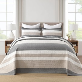 DDUOXIN Oversized King Bedspread - 120 W x120 L Extra Wide - Yarn Dyed 100% Cotton Stripe California Quilt with 2 Pillowcase, Reversible Soft Oversize Bedspreads Coverlet Bedding Set, Gray