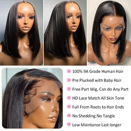 Flady Straight Bob Wig Human Hair 13x4 HD Frontal Lace Wig 150% Density Short Bob Wigs for Black Women Glueless Bob Lace Front Wigs Human Hair Pre Plucked (14 Inch, Natural Color)
