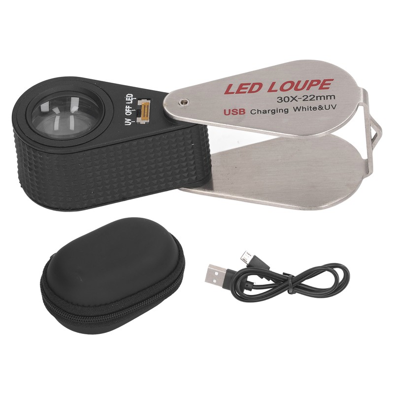 LED UV Loupe Rechargeable Foldable Portable Metal 30X Pocket Magnifier