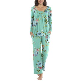 TAOHUADAO Womens Fall 2 Piece Pajama Sets, Long sleeve Pleated Tunic Tops with Comfy Pants, Lounge Sleepwear Ladies Pjs Sets with Pockets 2XL, Mint Green