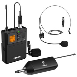 TONOR Microfono Inalambrico UHF con Micrófono Diadema/Lavalier Solapa Bolsillo Mic, Bodypack Transmisor y Mini Receiver 1/4 Pulgadas Salida, 60M para Actuaciones en Vivo Reuniones Lglesia Discurso