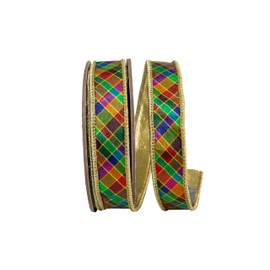 Reliant Ribbon Plaid Jewel Tone Deluxe Metallic Backed Wired Edge Ribbon, Multi