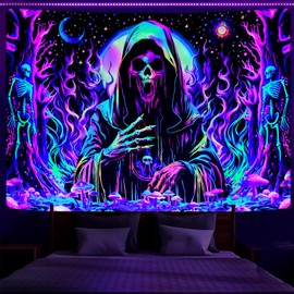 Invoibler Blacklight Skull Tapestry Gothic Skeleton Mushroom Tapestry UV Reactive Horror Tapestries Glow in The Dark Wizard Magic Forest Tapestry Wall Hanging for Home Decor (51.2 x 59.1 inches)