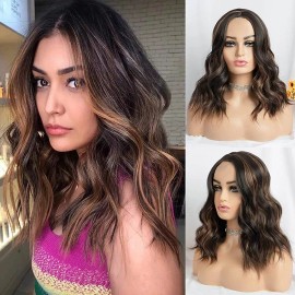 Unbranded Women's Bob Shoulder Length Wigs Curly Wig Cosplay Party Daily Black with Brown