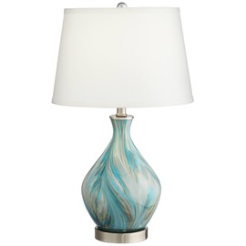 360 Lighting Cirrus Modern Accent Table Lamp with Dimmer 22" High Blue Gray Glazed Art Glass White Tapered Drum Shade for Bedroom Living Family Room Bedside Nightstand House Home Office