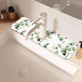 Watercolor Gold Eucalyptus Branch Dish Drying Mat for Kitchen Sink Splash Guard Behind Faucet Sink Mat Absorbent Fast Drying Faucet Draining Mat for Bathroom Kitchen 5.5"×15"