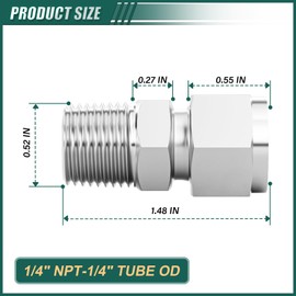 GORAGUCHI 5PCS 304 Forging of Stainless Steel Compression Tube Pipe Fitting Connector, 1/4" Tube OD x 1/4" NPT Male Straight Adapter for fuel/air/liquid/oil/gas/vacuum pipelines