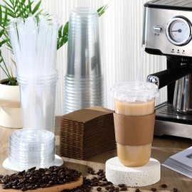 Baderke 50 Sets Clear Plastic Coffee Cups with Leak-proof Paper, Cup Sleeves, Lids, and Straws, Disposable PET Cups for Iced Coffee, Cold Drinks, Juice, Smoothie, Milkshake, Cafes, Party (20 oz)