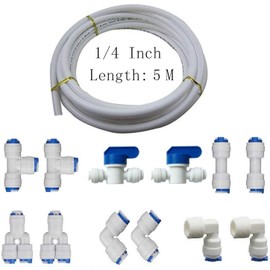 Mattox 1/4" Quick Connect Water Purifiers Tube Fittings for RO Water Reverse Osmosis System - Pack of 12 (Ball Valve+Y+L+I+T Type) + 5 Meters (16 feet) Tubing - Polyethylene Plastic - White