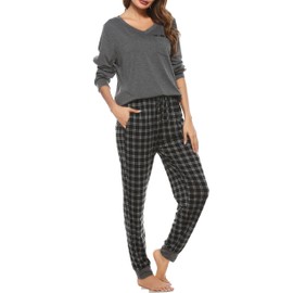 Vlazom Pyjamas Set for Women, Soft Two Pieces Pj’s Sets Long Sleeve Tops and Plaid Pants Sleepwear with Pockets, Grey, XL