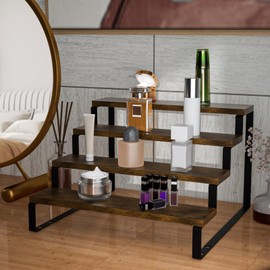 4-Tier Wood Display Riser Stand, Cologne Perfume Organizer Stand, Spice Rack Organizer, Kitchen Cabinet Countertop Pantry Rustic Display Shelf for Spice, Liquor, Figure, Dolls Collection(13.8in)