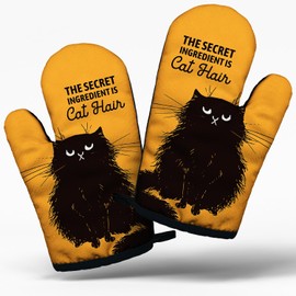 Funny Black Cat Cooking and Baking BBQ Kitchen Gadgets with Heat Resistant Silicone Non-Slip, The Secret Ingredient is Cat Hair Oven Mitts Set of 2, Gifts for Cat Lover Bakers Friends Mom Wife BBF