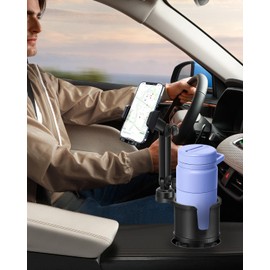 Car Cup Holder Phone Holder with Adjustable Long Arm and Expandable Base, 2 in 1 Hands Free Car Cell Phone Holder Mount Cupholder with Rubber Fit 10-32 oz Drink Bottle and Smartphone for Car, Truck