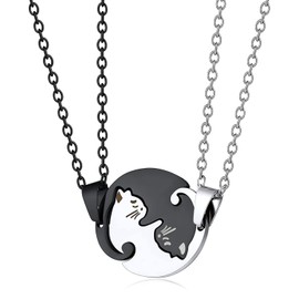 TREENEST Collars de Pareja de Lindo Gato, Acero Inoxidable División Puzzle Gato Collar Amistad Colgante, Collar Negro/Plata Joyas de Moda para Hombre Mujer Pareja Negro