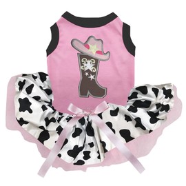 Petitebella Cowgirl Boot Hat Puppy Dog Dress (Pink/Cow, XXX-Large)