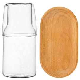PRETYZOOM 1 Set Japanese Drinking Glass Beverage Dispenser Juice Container Bedside Carafe Beverage Container With Cup Pitcher with Lid Transparent Black Nightstand Bedside Water Bottle Wood