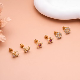 Hanreshe 3 Pairs Sun Moon Star Hypoallergenic Screw Back Titanium Earrings for Women Sun Moon Star Stud Flat Back Gold Studs Earrings