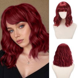 HomeChi Peluca Ondulado para Mujer, Peluca Sintética Natural Hasta Los Hombros, Peluca Rizada Suave y Transpirable con Flequillo para Cosplay Diario Navidad Cumpleaños Fiestas, Borgoña