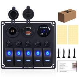 5 Gang Marine Boat Switch Panel with Dual USB Charger & Voltmeter, Waterproof Aluminum Rocker Switch Panel for Marine Automotive Truck RV Trailer with Lighter Socket Press Protector, 12/24V Black