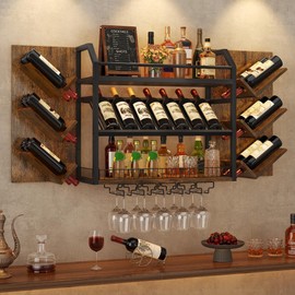 Hoctieon 48.6in Wall Mounted Wine Rack, 3 Tier Hanging Wine Racks with Glass Holder, Large Capacity Bar Shelves, Metal Wood Bottle Display Storage for Kitchen, Home Bar, Dining Room, Rustic Brown