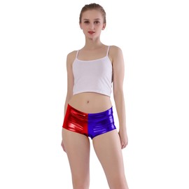 Kepblom Women's Shiny Metallic Rave Booty Shorts Hot Pants Dance Bottom, Red-blue, X-Large