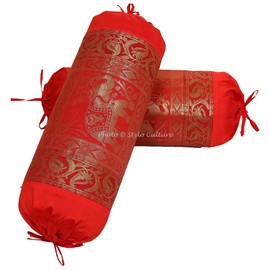 Stylo Culture Traditional Polydupion Cylindrical Hotdog Pillow Bolster Pillow Covers Red Elephant Jacquard Brocade Weave Large Settee Cylinder Cushion Covers (Set of 2) | 30x15 Inches (76x38 cm)