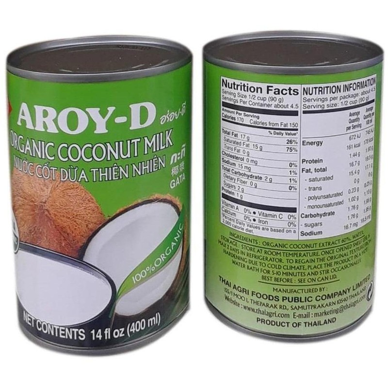 AROYD 100% Organic Coconut Milk 14oz 400ml USDA Organic (Pack