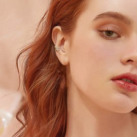 Dainty Crystal Flower Ear Cuff Earring Cubic Zirconia Cherry Blossom Cartilage Clip On Non Piercing Fake Huggie Hoops Earrings Cute Birthday New Year Jewelry Gifts for Women Teen Girls BBF (Gold)