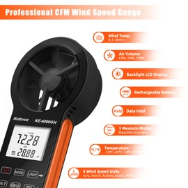 Digitales Anemometer, Windgeschwindigkeitsmesser, Tragbares Luftstromtemperaturmesser, Anti-Interferenz-Touch-Tasten, Typ-C wiederaufladbar, Wasserdicht,Automatisch Ausgeschaltet, KE-6000GH