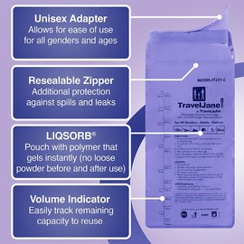 TravelJane Resealable Disposable Urinal for All Genders, Adults, and Children (18 Pack) Designed for Emergencies, Travel, Camping, Long Car Rides and More - 28oz/800ml Capacity (TJ1T-C)