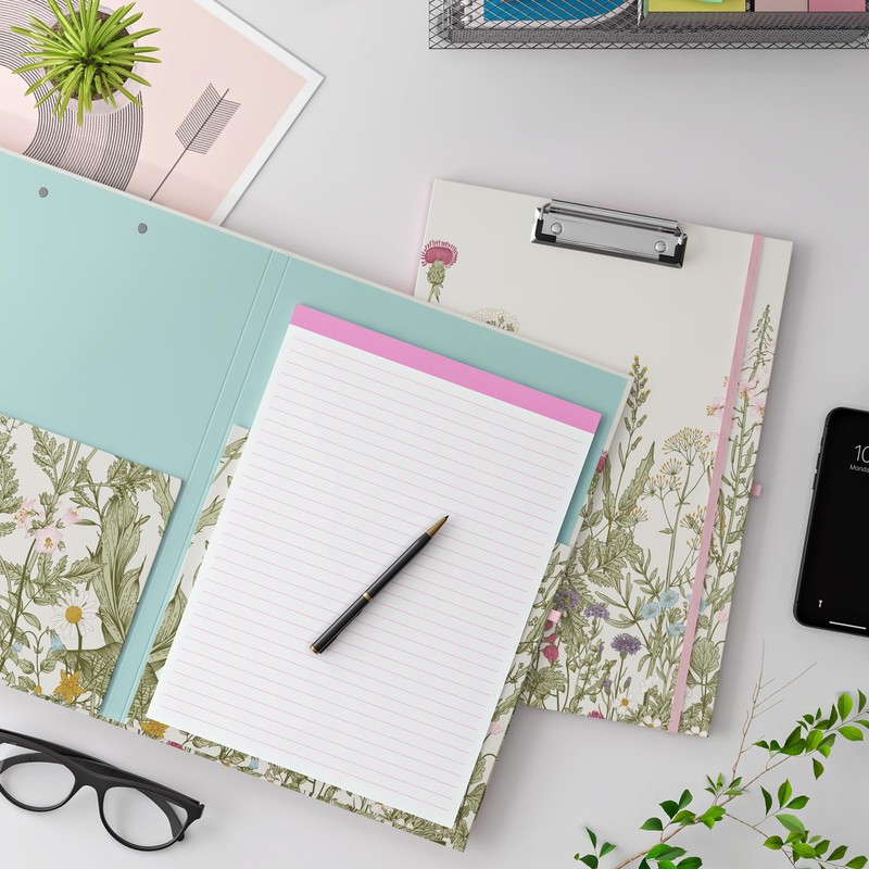 Clipboard Folio with Refillable Lined Notepad, Low Profile Clip and