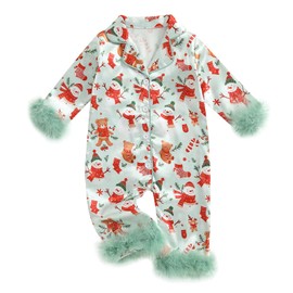 Kavousa Baby Girl Boy Christmas Silk Pajamas Romper Cute Christmas Print Button Down Jumpsuit Toddler Fuzzy Satin Sleepwear (Beige, 0-3 Months)