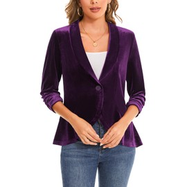MINTLIMIT Women's Velvet Blazer 3/4 Sleeve Ruffle Hem One-Button Shawl Collar Closure for Office and Social Occasions (Purple L)