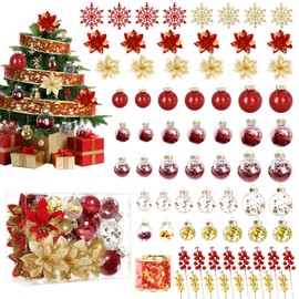 72pcs Christmas Tree Decorations Set Christmas Ornaments Shatterproof Plastic Balls,Hanging Glitter Snowflakes,Ribbon,Poinsettia Flower Artificial for Xmas Holiday Wedding Party Floral Decoration