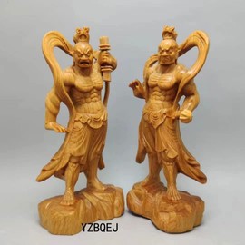 Buddha Statues, Wood Carved, Kongo Rikishi Statues, Pair of 2, Natural Cliffs, Kashiwagi, Nio, Dharma Protection God, Height 4.7 inches (12 cm)
