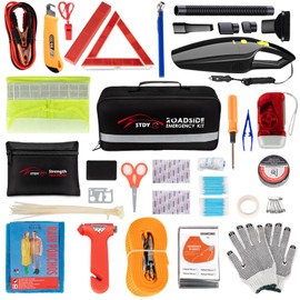 Car Roadside Emergency Kit, Auto Vehicle Truck Safety Emergency Road Side Assistance Kits with Jumper Cables, Car Vacuum, Tow Rope, Reflective Triangle