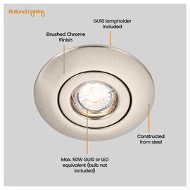 National Lighting Modern Satin Nickel Low Voltage to 240V Mains Voltage GU10 Recessed Downlight Converter - Converts Holes ranging from Approx. 65mm to 125mm