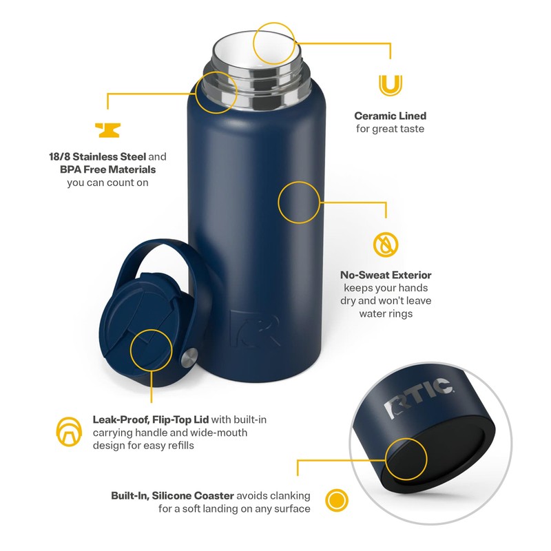 RTIC 32oz Outback Water Bottle, Ceramic Lined, Insulated, Stainless Steel,